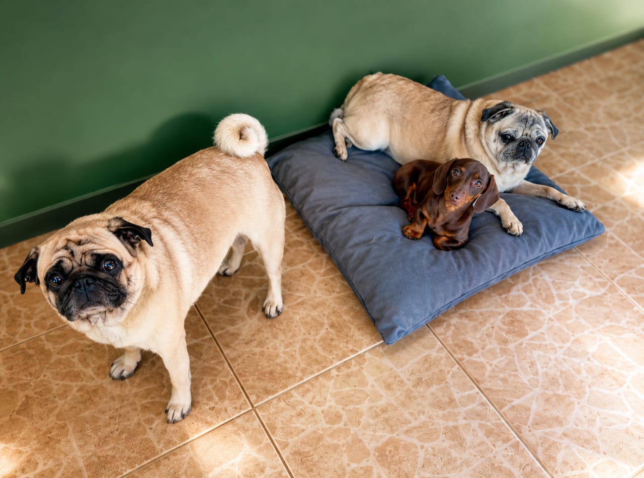 Três cães em ambiente interno com almofada